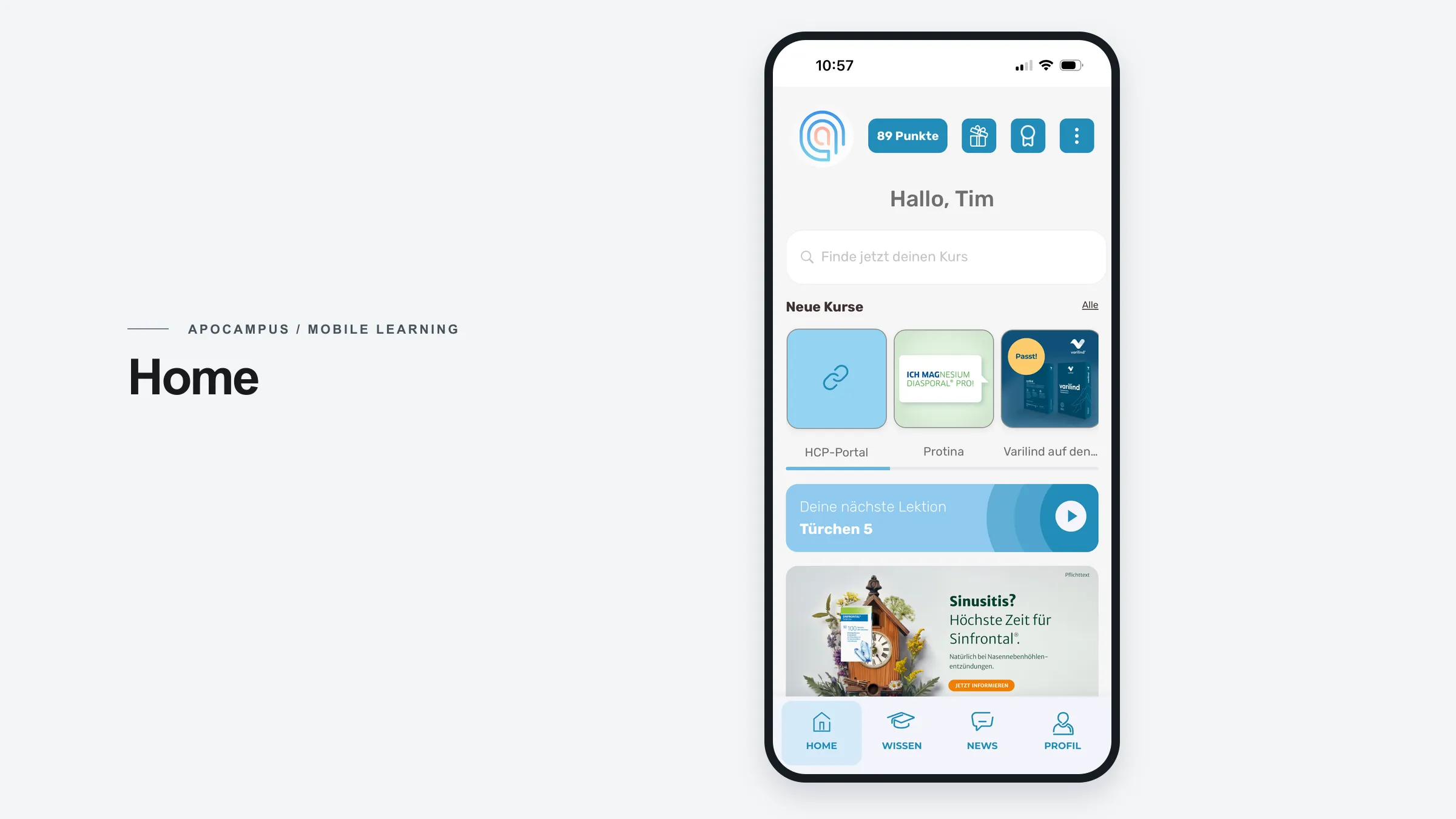 ApoCampus Home-Dashboard in einer ruhigen Smartphone-Produktpräsentation