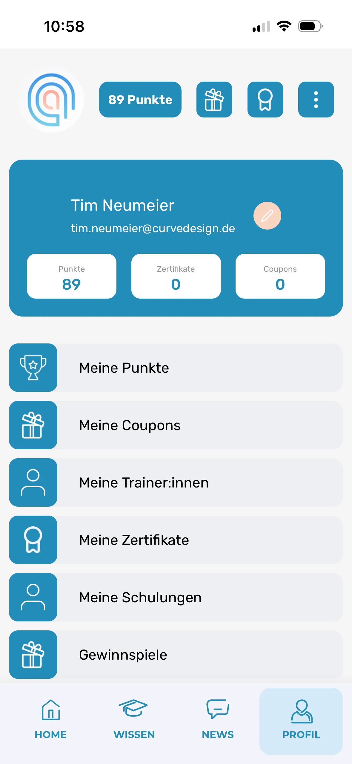ApoCampus Profilansicht mit Punkten, Zertifikaten, Coupons und Schulungen