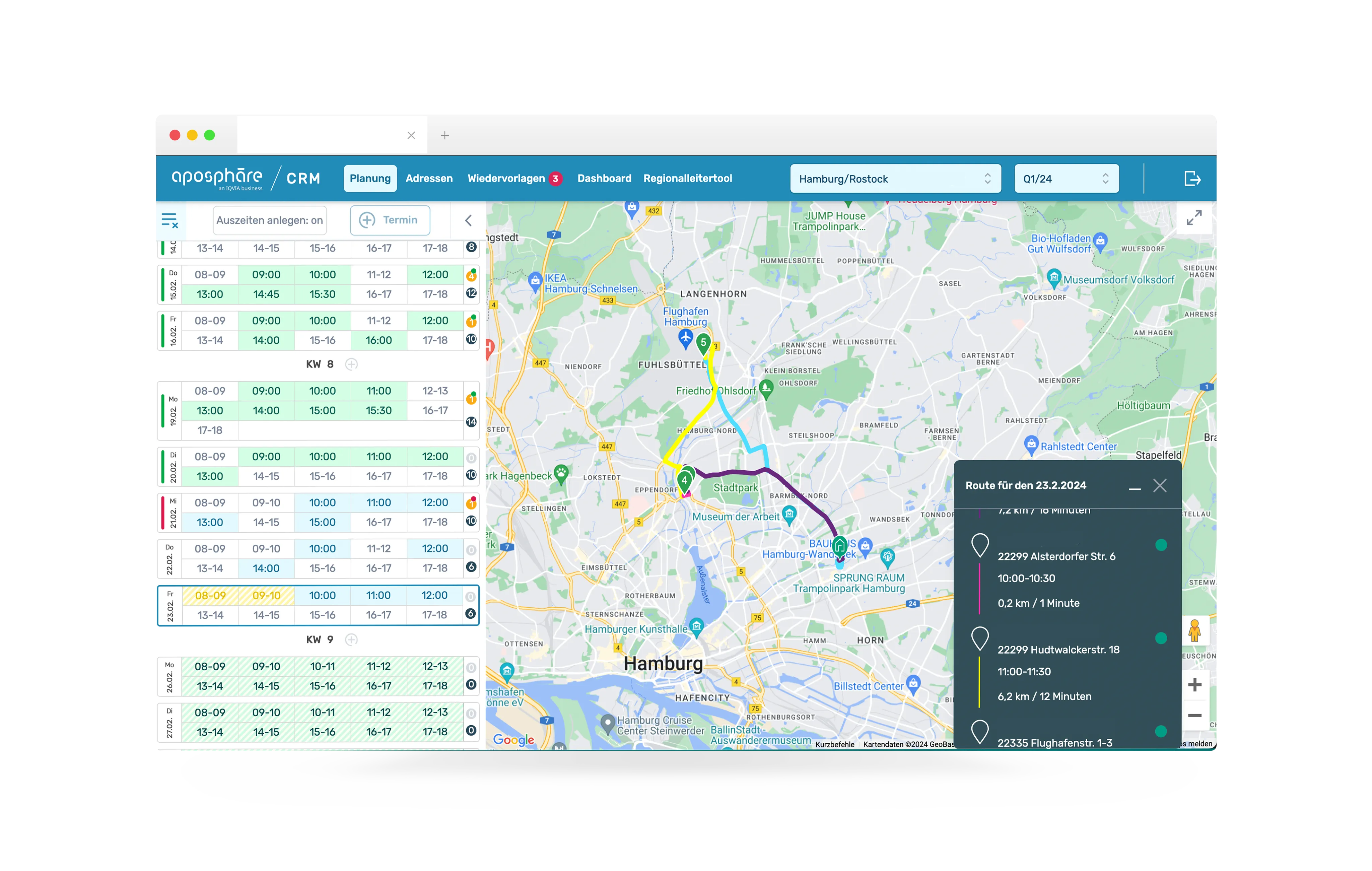 Freigegebene Routenplanung des aposphäre CRM mit Zeitfenstern und Kartenansicht ohne personenbezogene Angaben