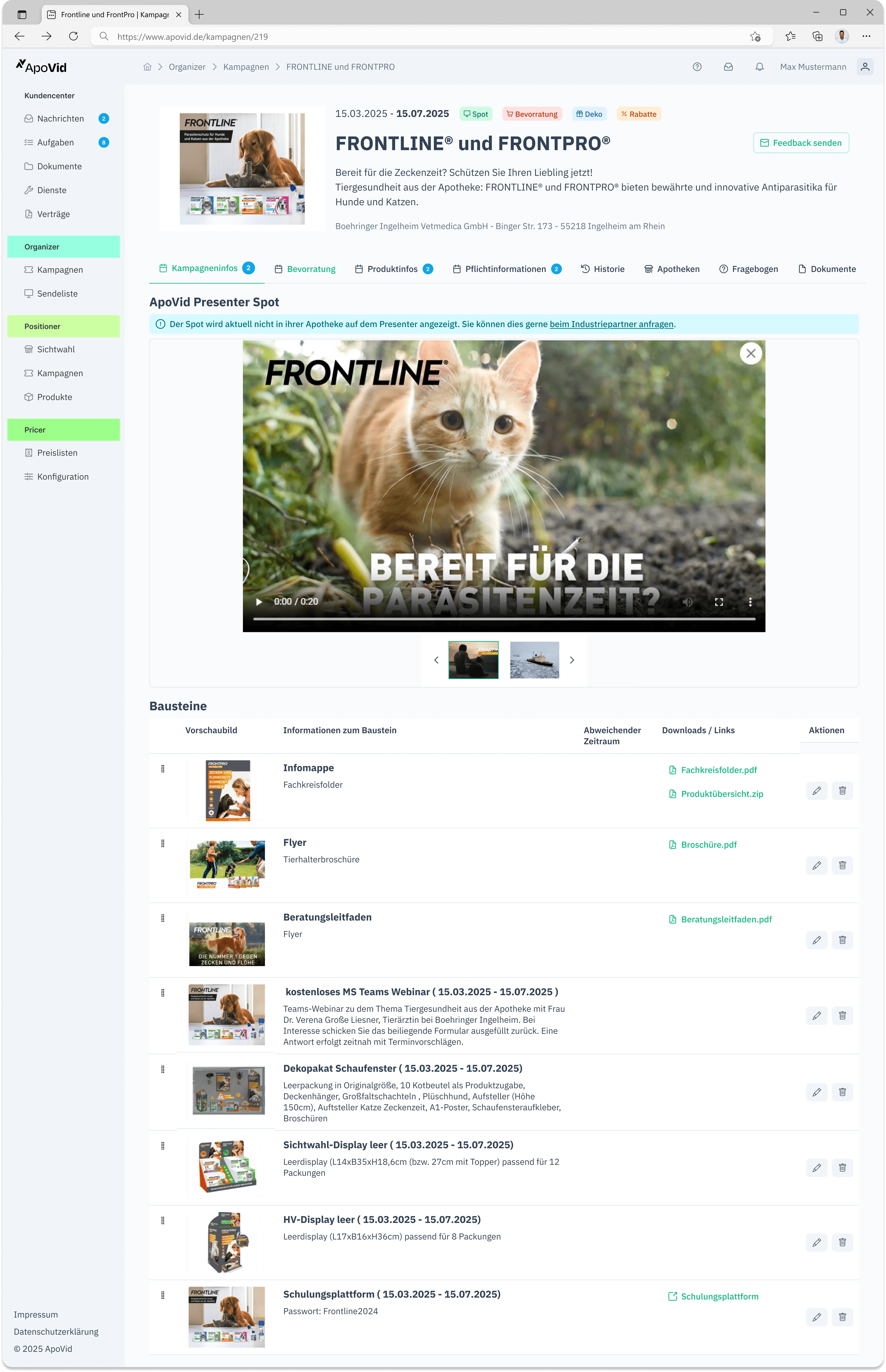 Kampagnendetail des ApoVid Organizer mit Kampagneninformationen, Medien und zugeordneten Bausteinen