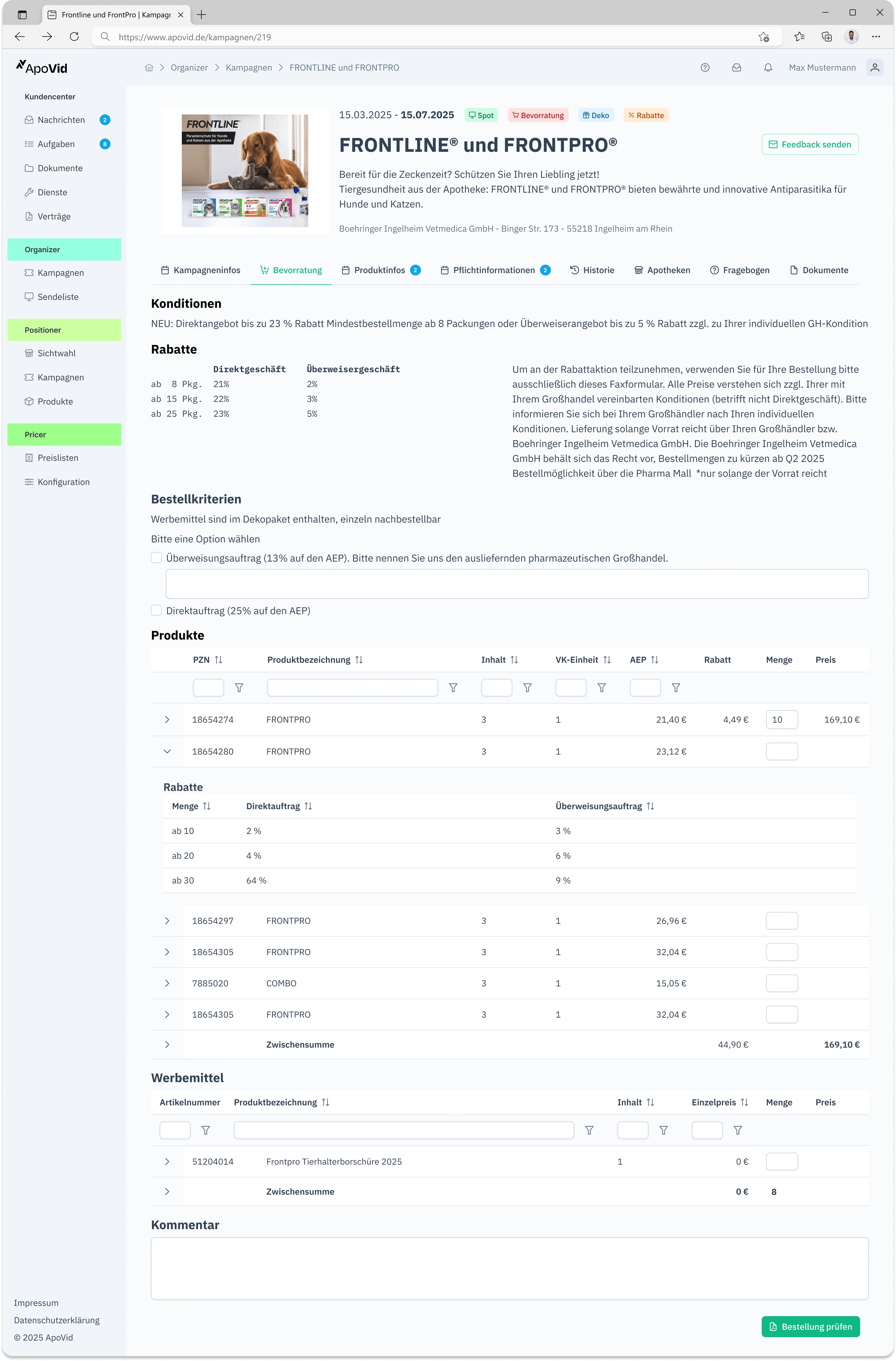 Bevorratung und Bestelllogik innerhalb eines Kampagnendetails im ApoVid Organizer