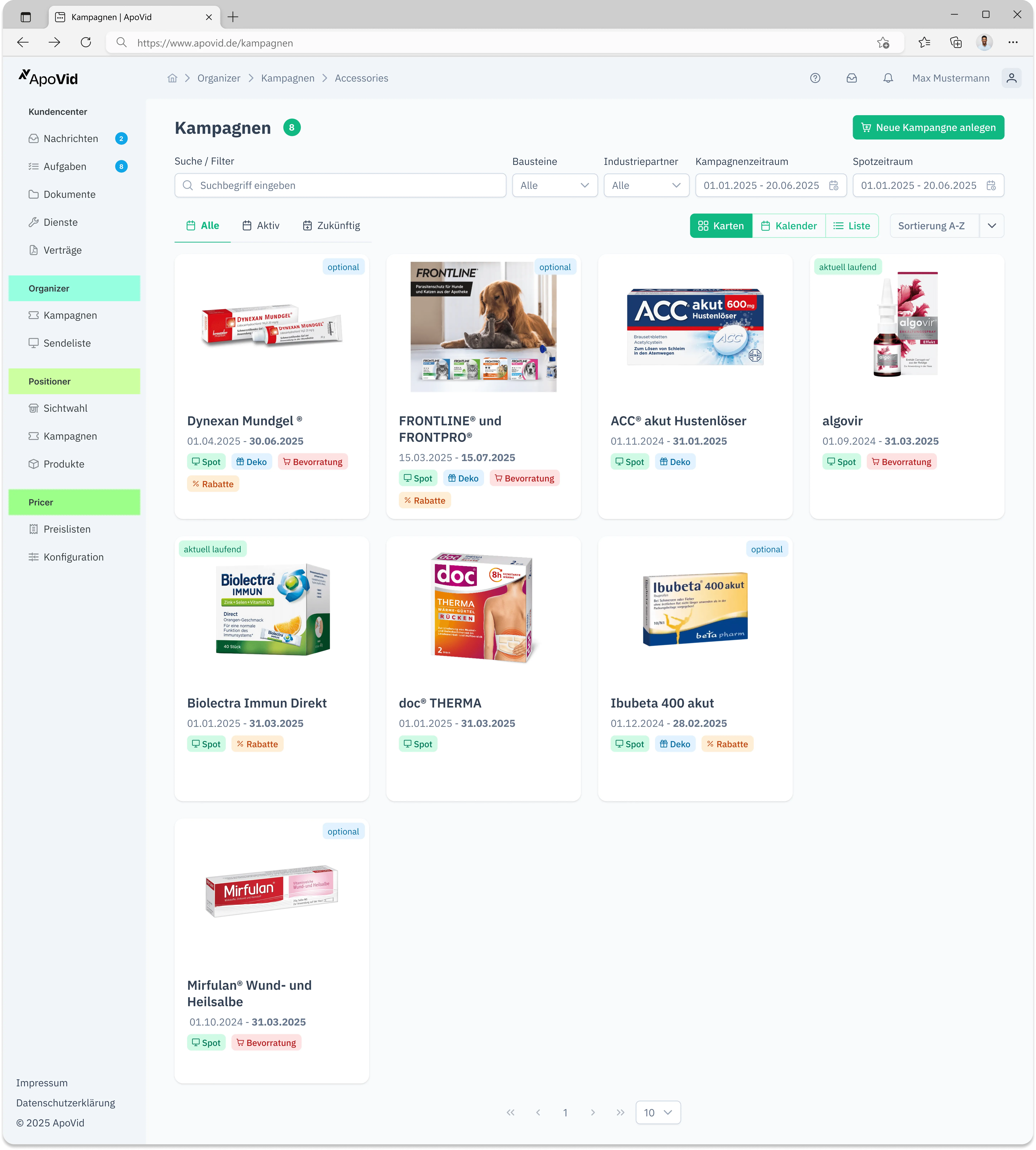 Kachelansicht des ApoVid Organizer mit Kampagnen, Produkten, Zeiträumen und Statusangaben