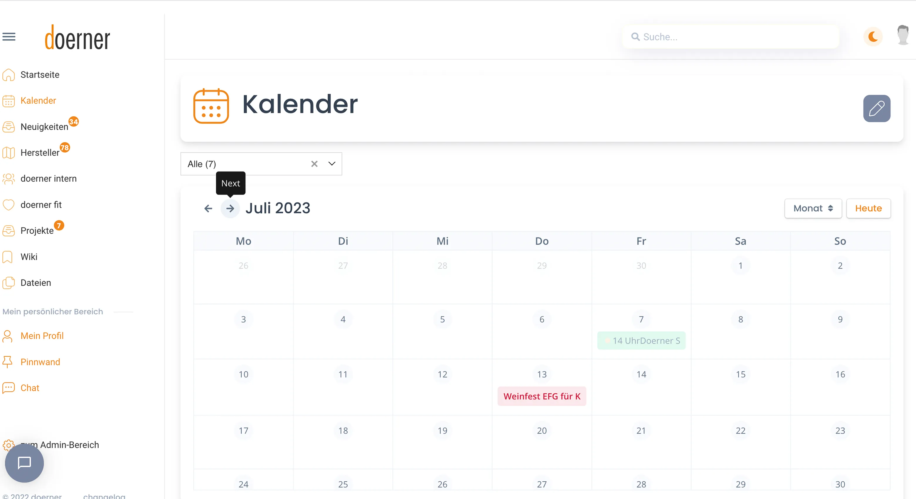 Reale Kalenderansicht der Doerner Arbeitsplattform mit Navigation zu Neuigkeiten, Herstellerinformationen, Projekten, Wiki, Dateien, Pinnwand und Chat