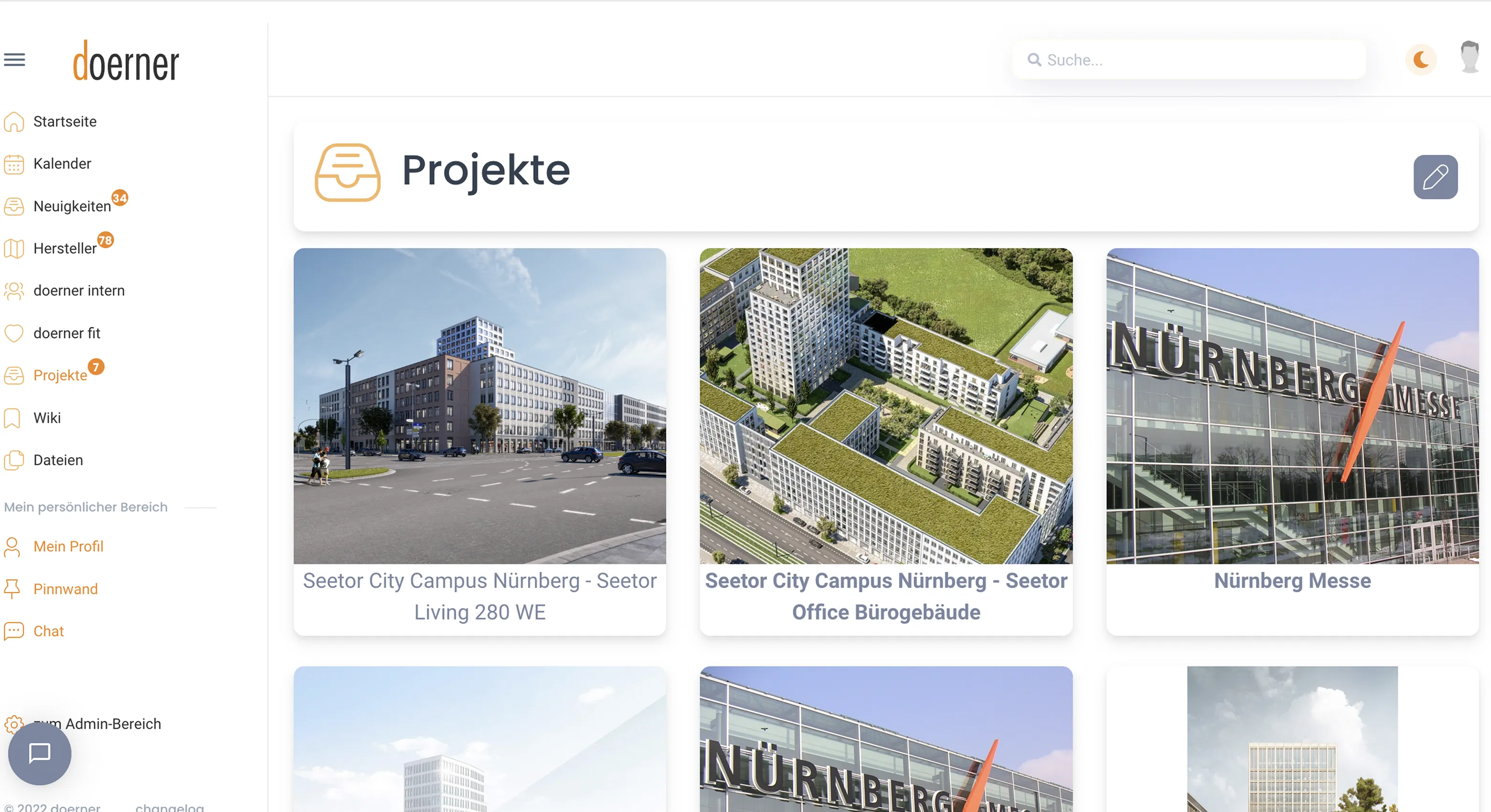 Reale Projektübersicht der Doerner Arbeitsplattform mit mehreren Projekteinträgen und zentraler Modulnavigation