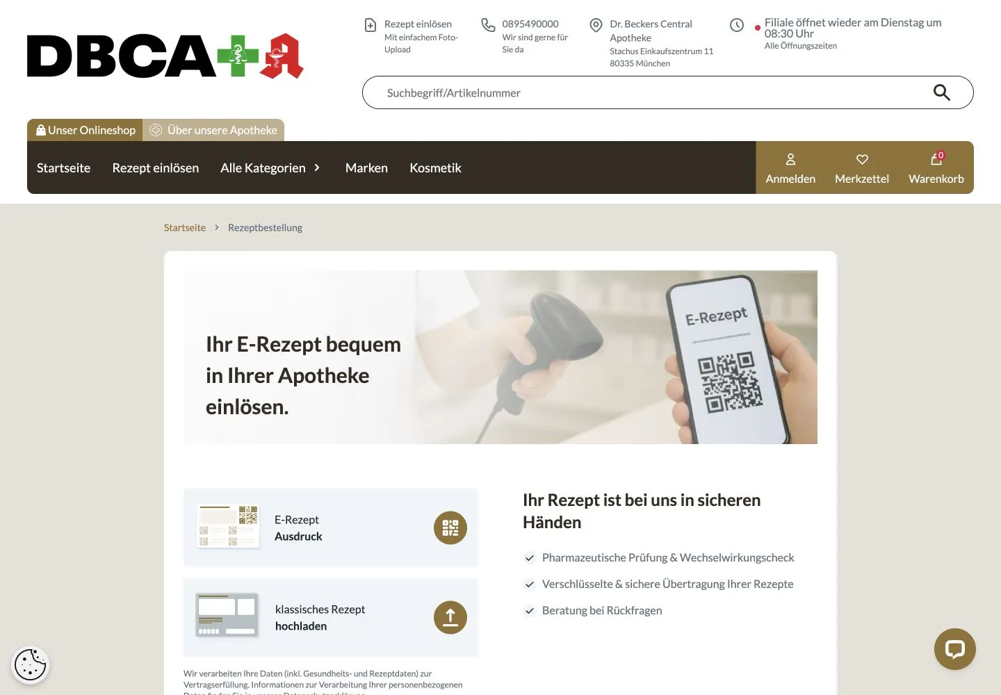 Reale Desktopansicht zur digitalen Einlösung eines E-Rezepts bei der Dr. Beckers Central Apotheke