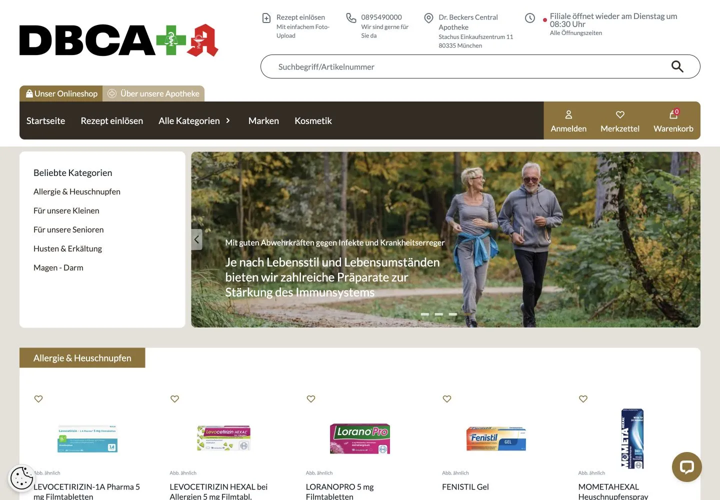Reale Desktopansicht des allgemeinen Online-Shops der Dr. Beckers Central Apotheke mit Produktsuche und Kategorien