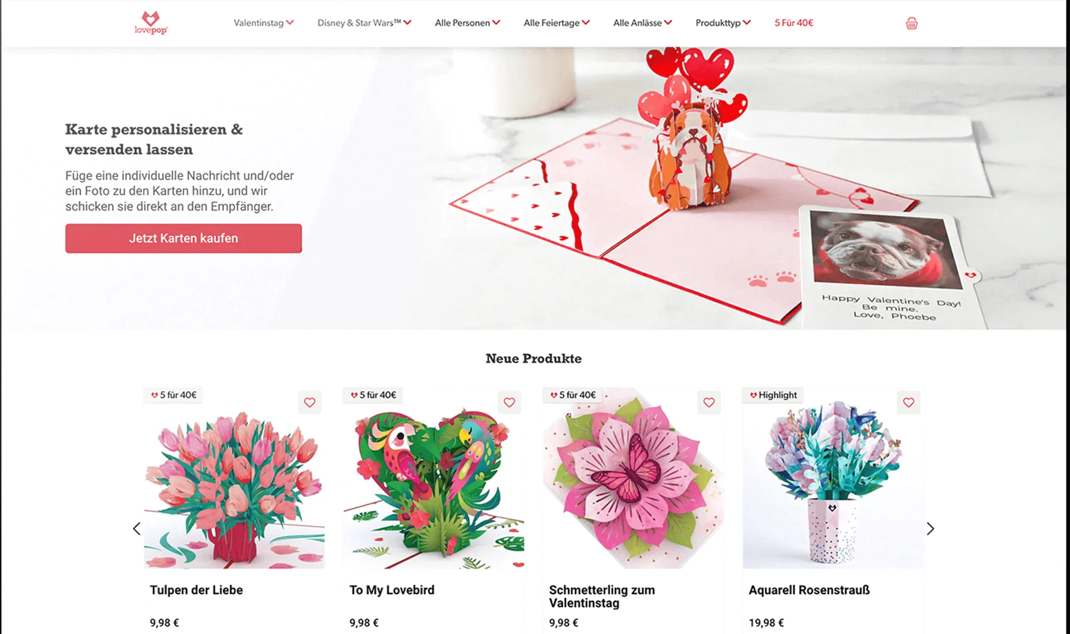 Reale Desktopansicht von Lovepop Deutschland mit personalisierbarer Grußkarte und produktzentrierter Auswahl