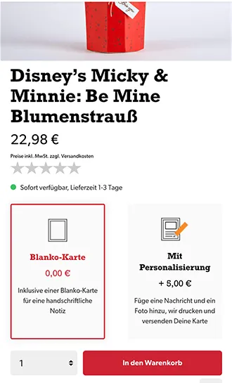 Reales mobiles Lovepop-Produktdetail mit Auswahl zwischen Blanko-Karte und individueller Personalisierung