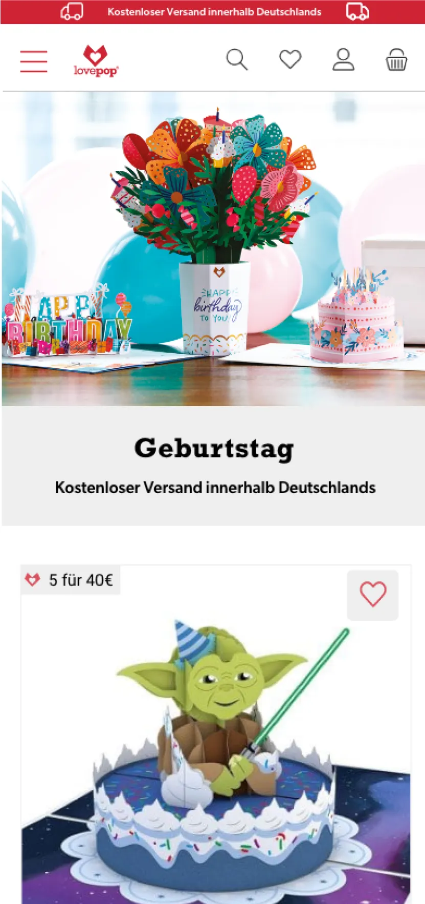 Reale mobile Lovepop-Ansicht für Geburtstagskarten mit produktzentrierter Bildwelt und Produktübersicht